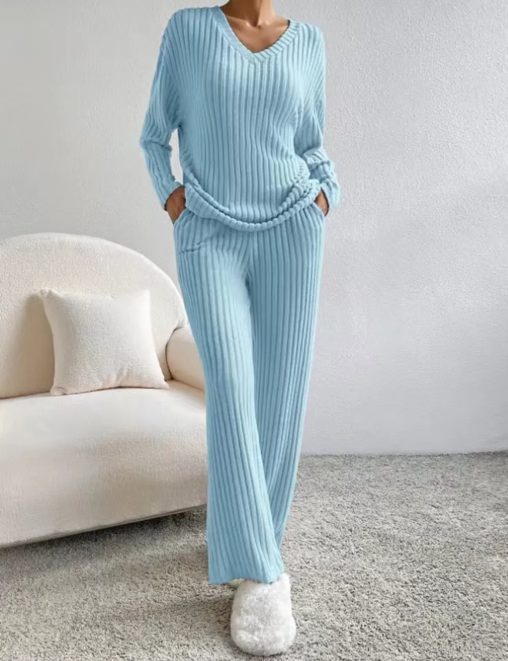 Women's 2 Piece Outfits Pit Strip Long Sleeve V Neck Knit Sweater Lounge Set Sweatsuit