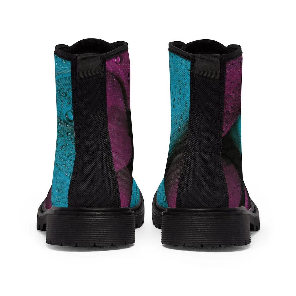Women's Turquoise Raspberry Canvas Boots, Sizes 6.5-11, Stylish Unique Boots, Cool Alternative Styles, Edgy Rock Style, Fashionable Boots