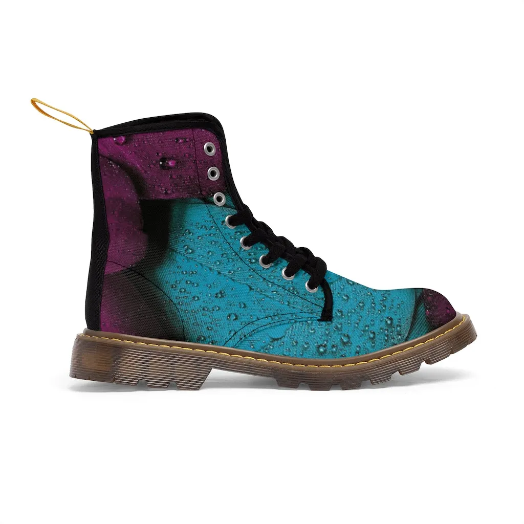 Women's Turquoise Raspberry Canvas Boots, Sizes 6.5-11, Stylish Unique Boots, Cool Alternative Styles, Edgy Rock Style, Fashionable Boots