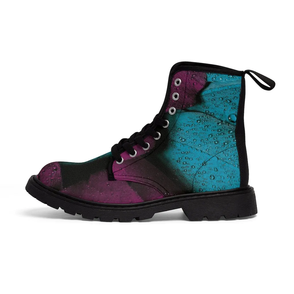 Women's Turquoise Raspberry Canvas Boots, Sizes 6.5-11, Stylish Unique Boots, Cool Alternative Styles, Edgy Rock Style, Fashionable Boots