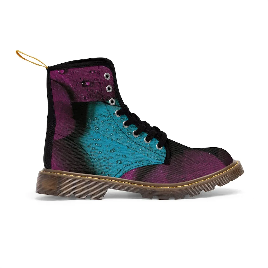 Women's Turquoise Raspberry Canvas Boots, Sizes 6.5-11, Stylish Unique Boots, Cool Alternative Styles, Edgy Rock Style, Fashionable Boots
