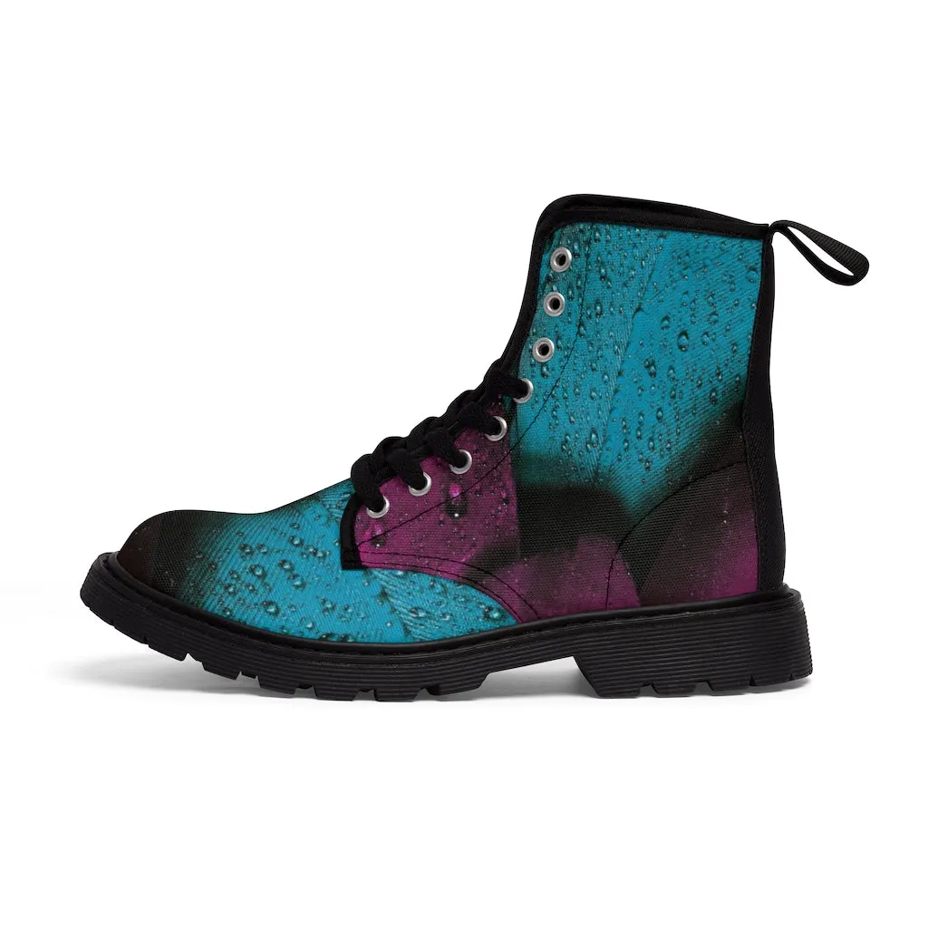 Women's Turquoise Raspberry Canvas Boots, Sizes 6.5-11, Stylish Unique Boots, Cool Alternative Styles, Edgy Rock Style, Fashionable Boots