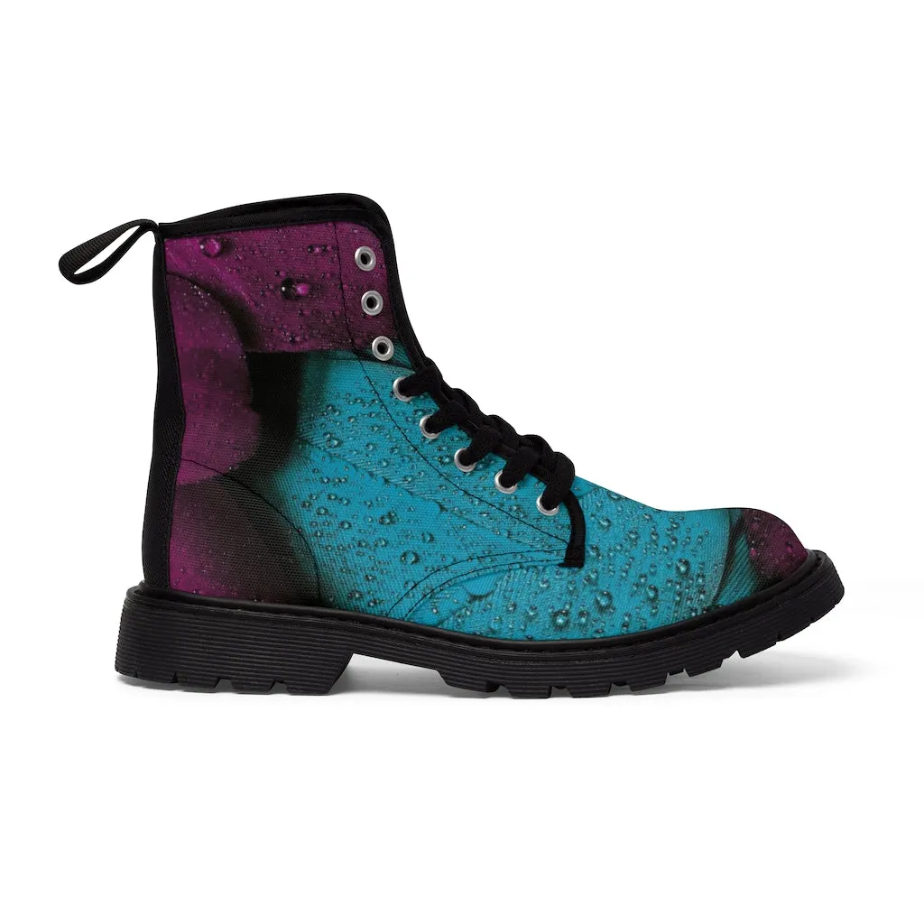 Women's Turquoise Raspberry Canvas Boots, Sizes 6.5-11, Stylish Unique Boots, Cool Alternative Styles, Edgy Rock Style, Fashionable Boots