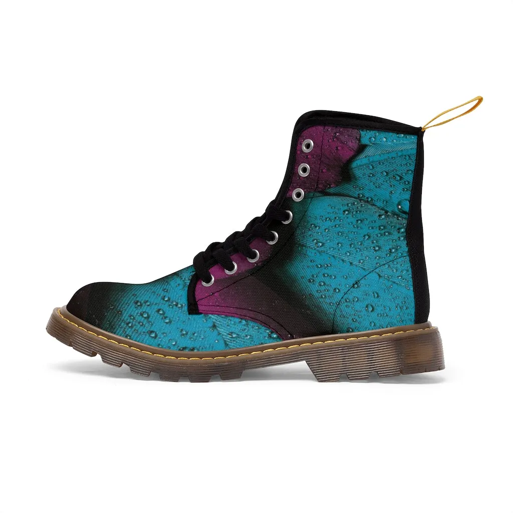 Women's Turquoise Raspberry Canvas Boots, Sizes 6.5-11, Stylish Unique Boots, Cool Alternative Styles, Edgy Rock Style, Fashionable Boots