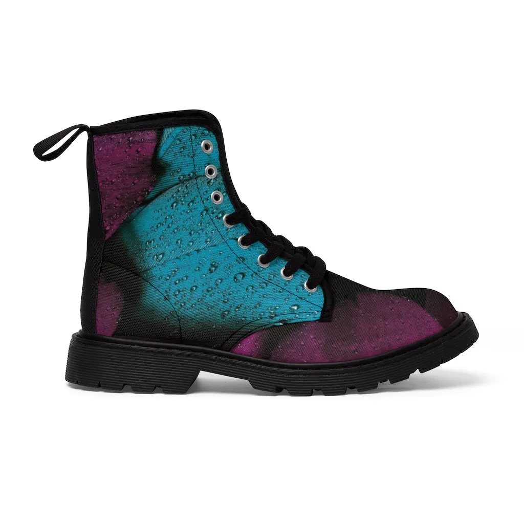 Women's Turquoise Raspberry Canvas Boots, Sizes 6.5-11, Stylish Unique Boots, Cool Alternative Styles, Edgy Rock Style, Fashionable Boots