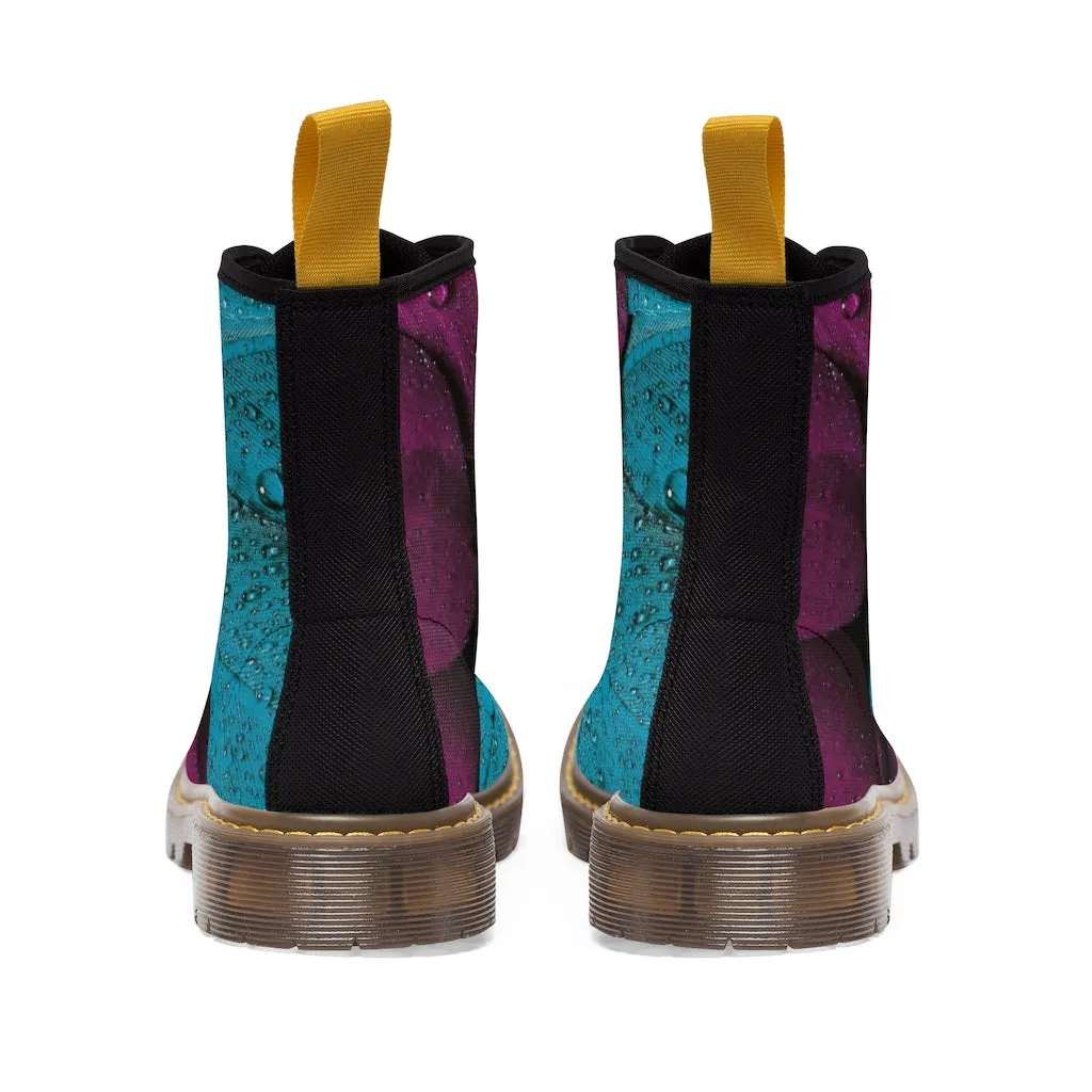 Women's Turquoise Raspberry Canvas Boots, Sizes 6.5-11, Stylish Unique Boots, Cool Alternative Styles, Edgy Rock Style, Fashionable Boots