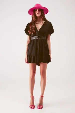 Wrap Front Frill Hem Jumpsuit In Black