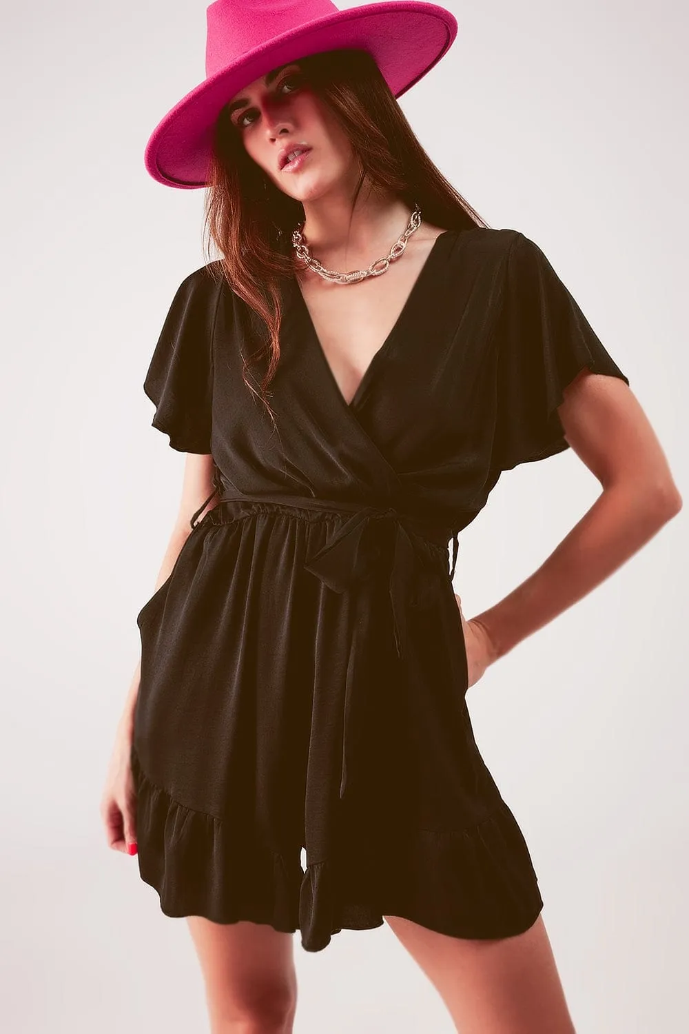 Wrap Front Frill Hem Jumpsuit In Black