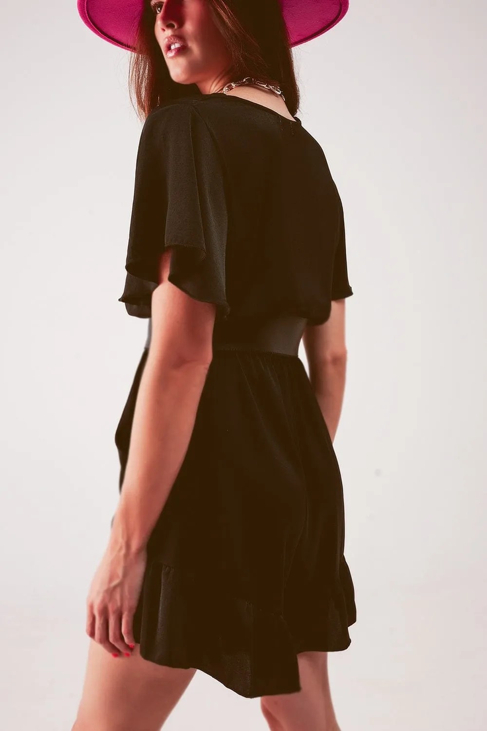 Wrap Front Frill Hem Jumpsuit In Black