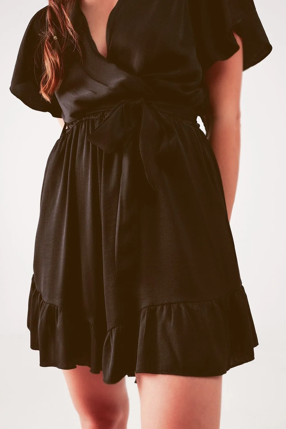 Wrap Front Frill Hem Jumpsuit In Black