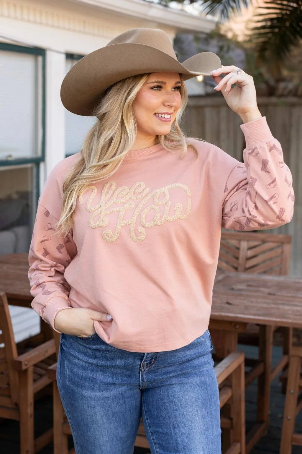 Yee Haw Blush Pink Pullover: Pink