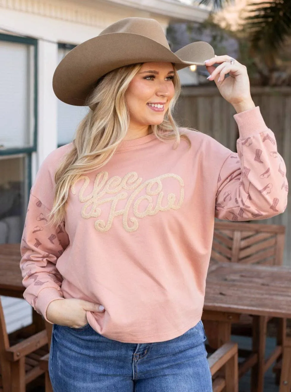 Yee Haw Blush Pink Pullover: Pink